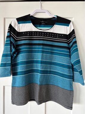 Allison Daley Striped Embellished Top Size L Blue Black White 3/4 Sleeve
